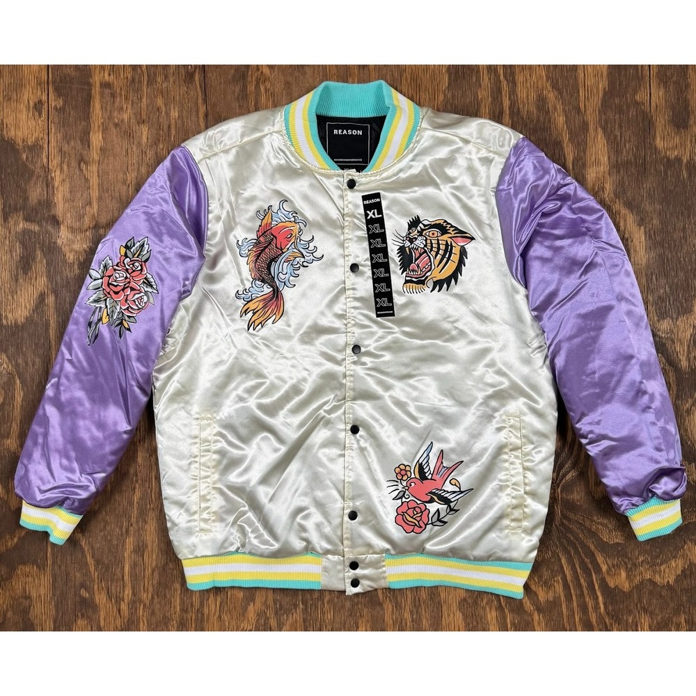 REASON Fearless Tattoo Satin Bomber Jacket XL NWT Phoenix Tiger Koi Purple